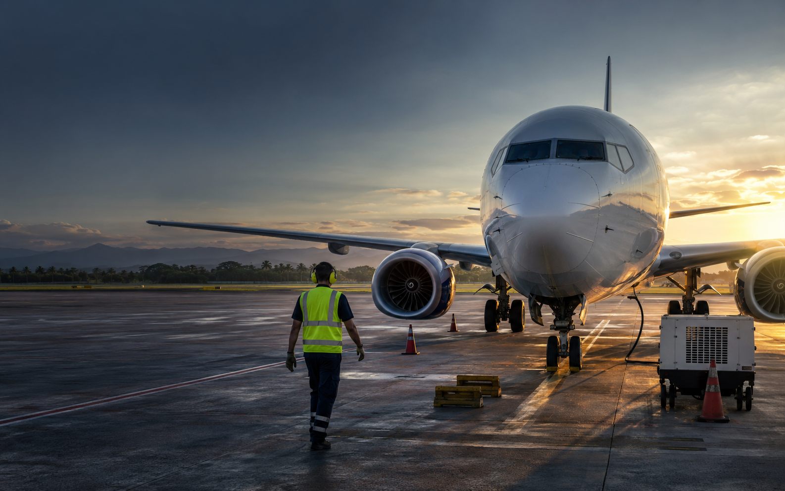 Aerojet ground crew servicing an aircraft on the ramp at dawn