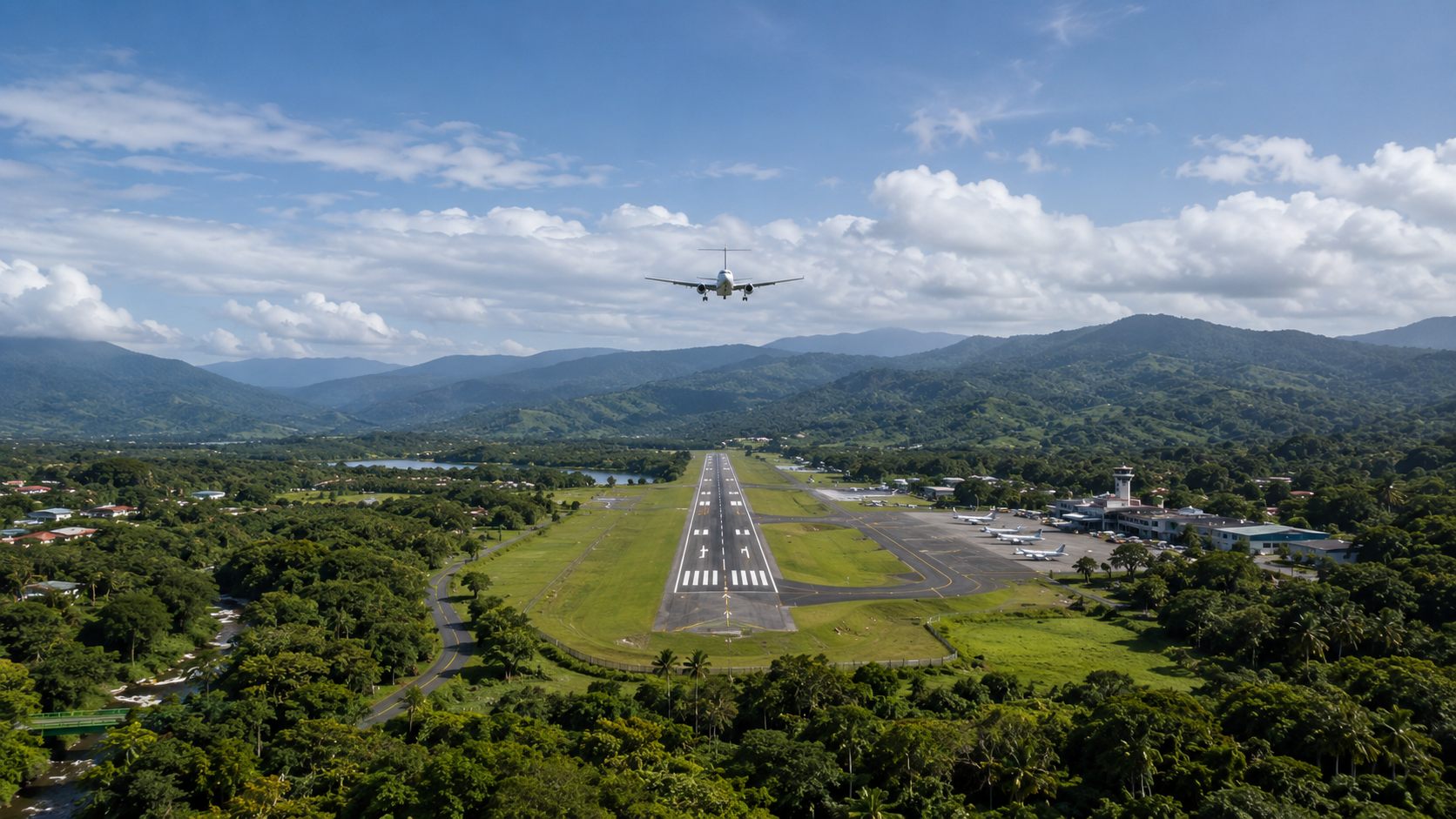Vista aérea de una costa centroamericana y una pista