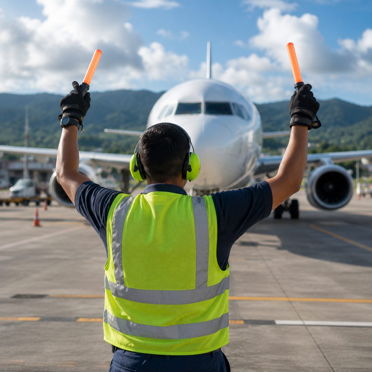 Señalero guiando un avión